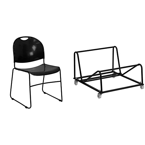Flash Furniture 4 Pack Hercules Series 880 Lb. Capacity Black Ultra-Compact Stack Chair With Black Powder Coated Frame & Sled Base Stack Chair Dolly #TOP14