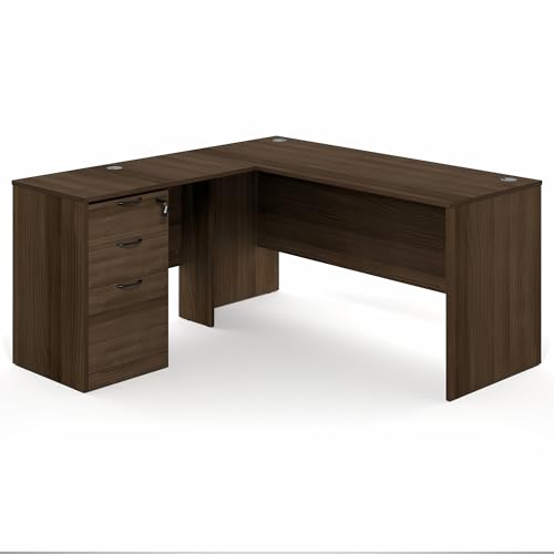 Image of Furinno Roger 60 Inch L-Shaped Executive Desk with File Cabinet, L-Shaped Office Desk with 3-Drawer Fixed Pedestal Filing Cabinet, Desk Cord Grommet, for Home Office, Modern Walnut
