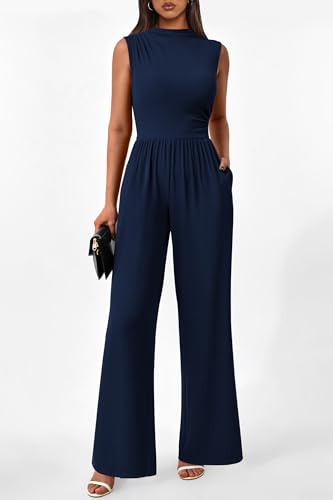Image of PRETTYGARDEN Women's Summer Dressy Casual Jumpsuits | Cozy Ribbed Fabric, Sleeveless Mock Neck, Back Zipper, Pockets, Wide Leg Pants Rompers, Fashion Clothing, One Piece Outfits