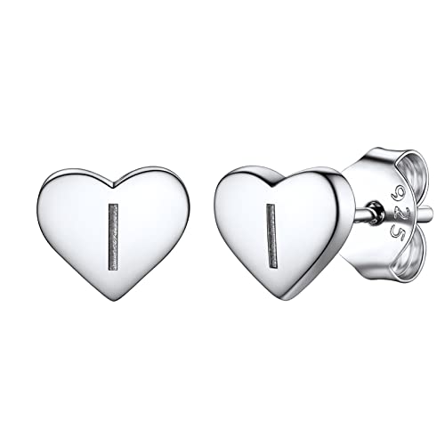 925 Sterling Silver Trendy Initial Earrings for Women, Yellow Gold/Rose Gold Plated/Cubic Zirconia Solid Silver A-Z Dainty Letter Hypoallergenic Ear Studs, Come Gift Box I 04 Initial Heart