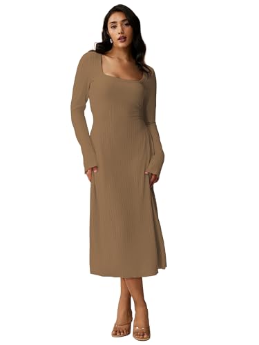 Image of Shasmi Women's Square Neck A-Line Dress - Long Sleeve, Tie Waist, Knitted Stretchable, Casual & Office Outfit, Solid Winter Midi Dress for Women (Dress 221)
