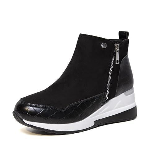 Qgtxf Zapatillas Deportivas de Moda para Mujer Talón Cuña Plataforma Botines de Tobillo Botas Vestido con Cremallera Lateral Zapatos Cómodos Caminar(Black,37 EU)