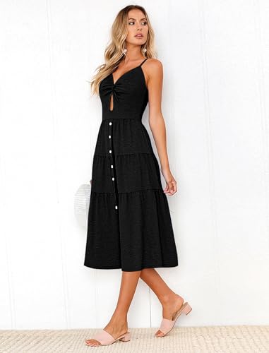 Image of Angashion Women's Dresses-Summer Floral Bohemian Spaghetti Strap Button Down Swing Midi Dress