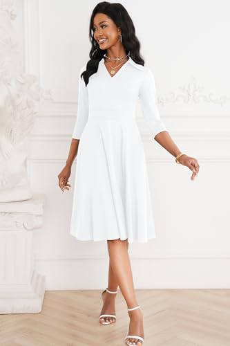 Image of Nmoder Casual Dresses for Women Semi Formal Fit and Flare 3 /4 Sleeve V Neck Cocktail Church Midi Dress with Pockets