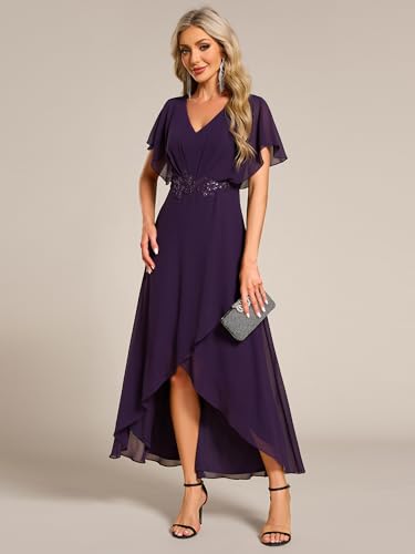 Image of Ever-Pretty Women's Formal Dress A Line V Neck Applique Waist Tea Length Wedding Guest Dress 02027
