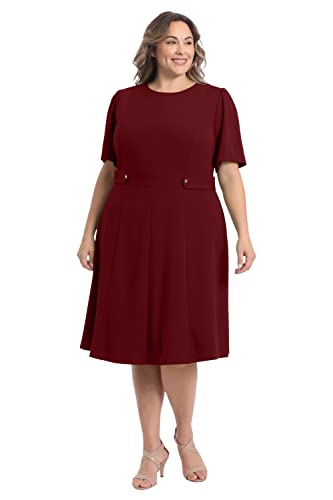 Image of London Times Women's Knit Eyelet Short Sleeve Crepe Inset Waist Midi with Button Detail