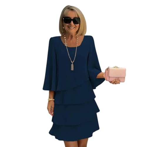 Gyios Robe Femme Jupe Gâteau pour Femmes, Tenue Ample Et Amincissante À Col Rond, Décontractée Élégante, Printemps Été-Bleu Foncé-m