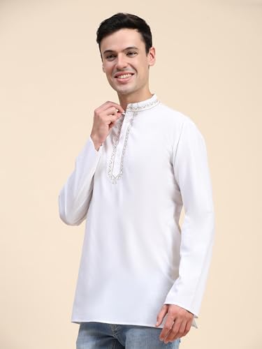 Image of SKAVIJ Men's Cotton Embroidered Kurta Shirt - Long Sleeve Traditional Indian Tunic for Casual