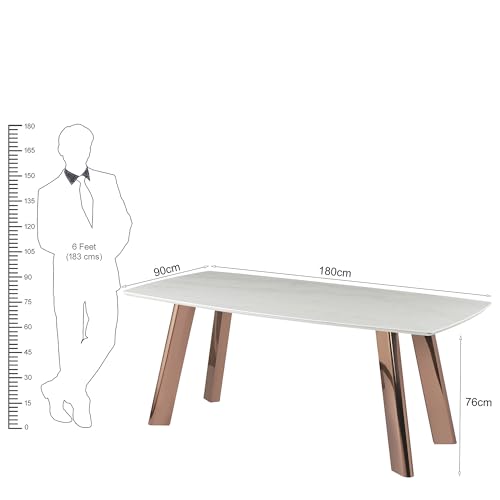 Image of The Attic Rose Luxe Dining Table, White Marble Top, Polished Rose Gold Metal Legs, 6 Seater Dining Table for Elegant Homes & Restaurants