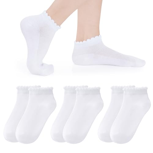 3 Pairs Girls Ruffle Socks Mesh Thin White Socks School Uniform Kids Cotton Crew Ankle Sock for Girls Frilly Dress Sock