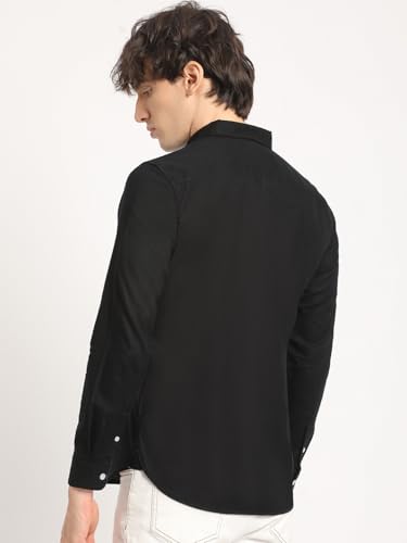 Image of The Bear House Men Black Solid Slim Fit Cotton Casual Shirt