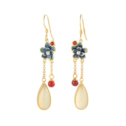 Boucles d'oreilles en jade blanc d'exception avec cloisonné délicat en argent plaqué or 14k