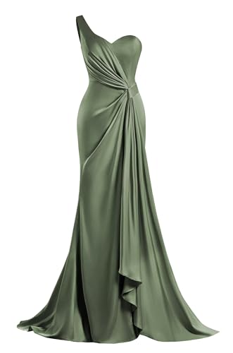 MYDRESS Women‘s One Shoulder Bridesmaid Dresses for Wedding Satin Ruched Bodycon Long Formal Evening Gowns with Slit