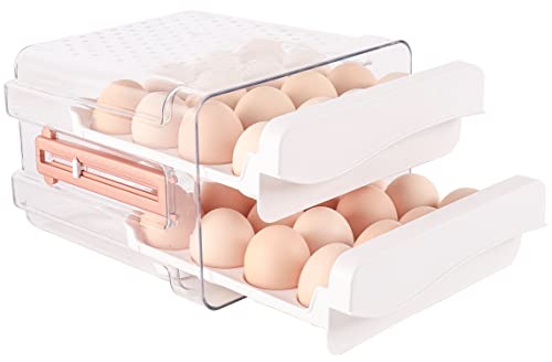 Sooyee 40 Capacity Egg Container for Refrigerator, Household Egg Holder for Fridge, Transparent 2 Drawers Chicken Egg Storage Container,White