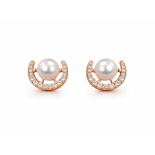 Image of Nilu's Collection Rose Gold Plated Triangular Design Pearl Stud Earrings With American Diamond for Women And Girls | Gift For Her | Anti- Allergy |Anti-Tarnish | Office Wear