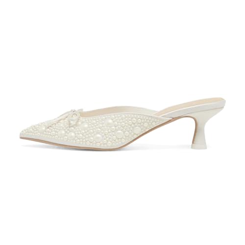 Image of Women Kitten Heel Mules Crystal Flower Decor Mesh Pointed Toe Low Heel Casual Pumps
