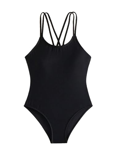 Oyoangle Girl'S Basic One Piece Swimsuit Criss Cross Spaghetti Strap Sports Training Bathing Suit Black 11-12Y cover
