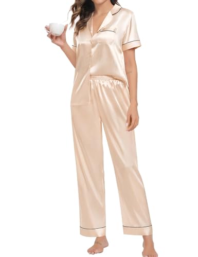 SWOMOG Couple Pajama Sets Silk Satin Sleepwear Short Sleeve and Long Pants Pjs Set Soft Loungewear Classic Pajamas2