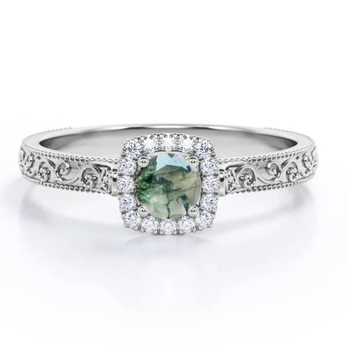 Natural Moss Agate Engagement Rings for Women White Gold 1-1/4 Carat(ctw) Moss Agate Moissanite Rings Platinum Plated Silver 10K 14K 18K Gold Anniversary Promise Rings for Her with Text Engraving