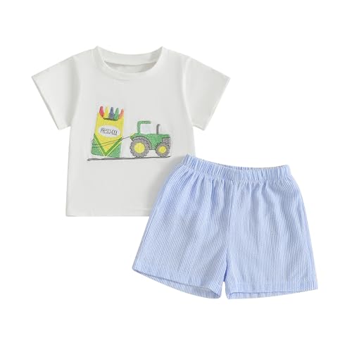 wybzd Toddler Baby Boy Girl Back To School Outfits First Day of Preschool T-Shirt Top Gingham Shorts Sets Kindergarten Outfit (Blue&green 4-5T)
