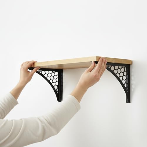 Image of Wall Shelf with Wooden Top Black|White Iron Brackets Storage Rack|Industrial Wall-Mounted Floating Shelf for Living Room,Kitchen,Bathroom (Black Hexagon Small)