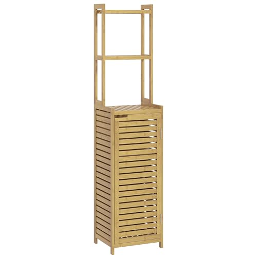 HOMCOM Meuble Colonne Salle de Bain, Armoire Haute en Bambou, 3 étagères et Placard 1 Porte, Meuble de Rangement sur Pied, 38,5 x 33 x 170 cm, Naturel