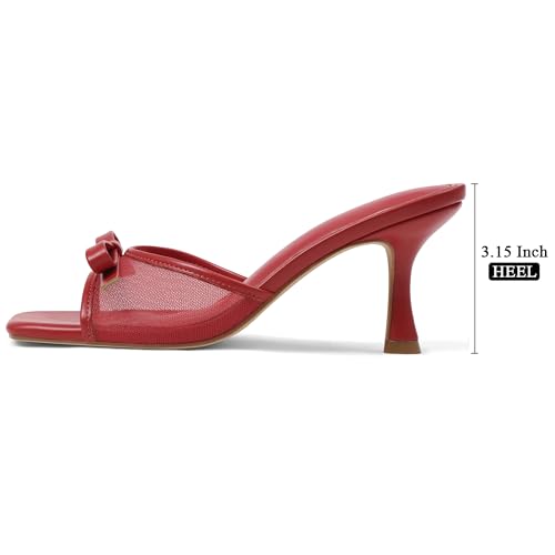 Image of Womens Heeled Sandals Open Square Toe Kitten Heels Sandals Slip On Bow Mesh Mules Heels Comfortable Dress Shoes for Party Wedding