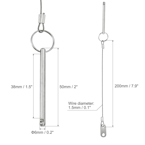 PATIKIL Schnellspannstift, Durchmesser 1/4 (6mm), Gesamtlänge 2 (50mm), Effektive Länge 1,5 (38mm), 4 Stück Kohlenstoffstahl Bimini Top Stift mit Draht für Audio Marine Silber