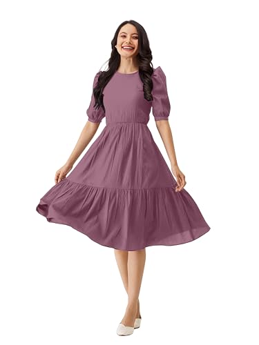 Image of TRENDMALLS Dress for Women Cotton Blend Round Neck Half Puff Sleeve Flared Pleated Midi Western Dress