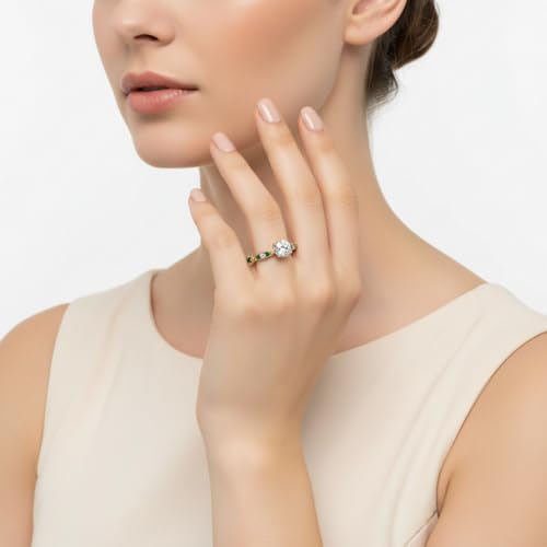 Image of Choose Your Gemstone Petite Pave Diamond CZ Engagement Ring Yellow Gold Plated Round Shape Petite Engagement Rings Minimal Modern Design Birthday Gift Wedding Gift US Size 4 to 12