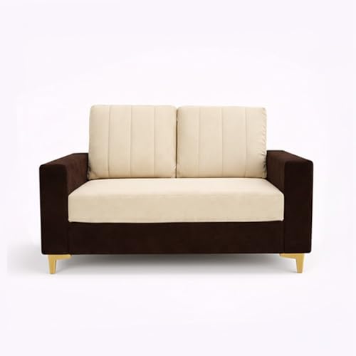 Image of Hendrick Plush Velvet 3 Seater + 2 Seater Sofa Set with 2 Ottoman | Silken Velvet Upholstery | Golden Legs | Designer Set for Living Room & Office Spaces (Cream, Beige & Dark Brown)