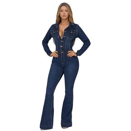 Wzmxtv Women's Denim Jumpsuit Casual Trendy Lapel Long Sleeve Button