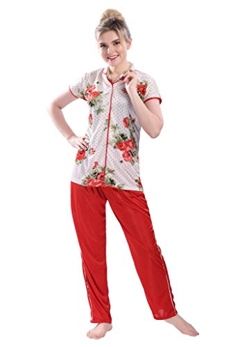 Image of Printed Night Suit for Women - Flower Print Satin Shirt and Pyjama Set (Front Open Collar Night Suit)
