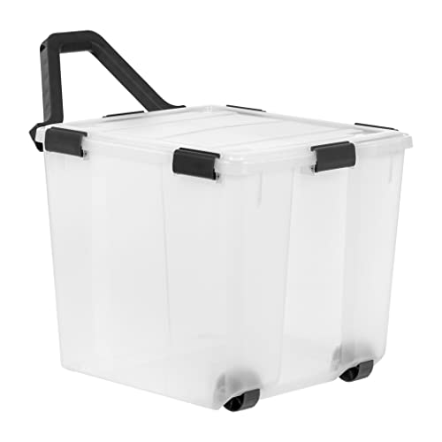Image of IRIS USA 106 Quart WEATHERPRO Wheeled Plastic Storage Bin Tote Organizing Container with Durable Lid and Seal and Secure Latching Buckles, Clear /Black, 3 Pack