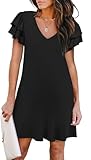 NIVYEE Women's Casual Dresses Ruffle Short Sleeve V-Neck Summer Cocktail Dress Pockets Black L