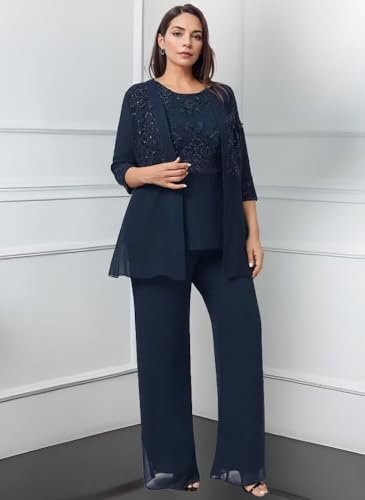 3 Piece Chiffon Dressy Mother of The Bride Pantsuits Lace Sequin Wedding Guest Pant Suit Formal Evening Outfit2