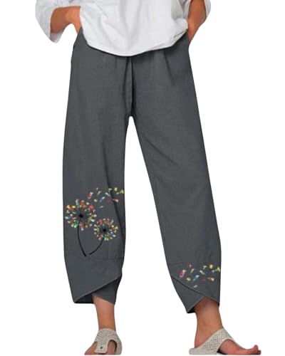 Cotton Linen Capri Pants for Womens Casual Summer Printed Waist Wide Leg Palazzo Cropped Baggy Trousers with Pockets