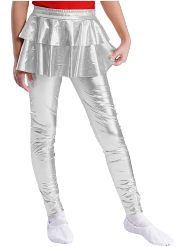Kids Girls Metallic Leggings with Ruffle Skirt Shiny Tutu Pantskirt Tights Stretchy Pants Slim Fit Culottes