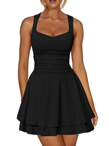 Kaximil Women's Sexy Square Neck Sleeveless Mini Dress Ruched Ruffle Hem Corset Party Dresses