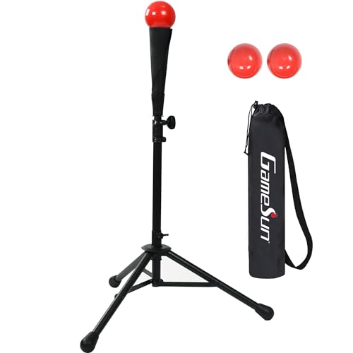 GAMESUN Portable Baseball Batting tee, Adjustable Tripod Tee, Set Includes 1set Batting tee, 3pcs Practice Balls, 1pc Draw-String Carry Bag