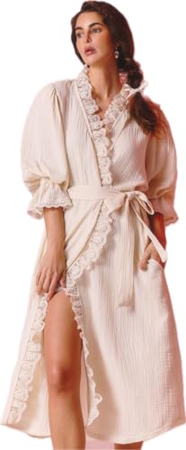 Image of NOTHING FITS BUT Muslin Gauze Maternity Robe for Hospital, Nursing Nightgown Puffed Sleeves Cotton Delivery Gown
