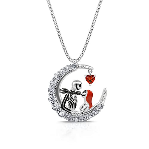 Image of Jeulia Jack Gothic Love Necklace - 925 Sterling Silver Nightmare Pendant Skull Sally Heart Pendant, Spider Web Chain, Halloween Jewelry Gift for Her (Haunted Holidays Inspired)
