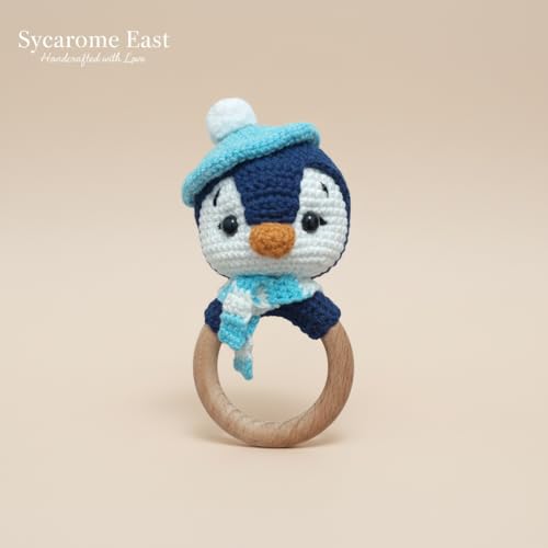 Image of Crochet Baby Teether Combo Penguin - Soft Handmade Cotton Rattle Toy with Wooden Ring for Infants - Penguin 1 PCS
