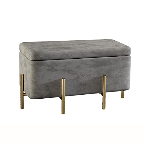Banc de rangement en velours gris chic avec pieds en métal dorés pour bout de lit élégant