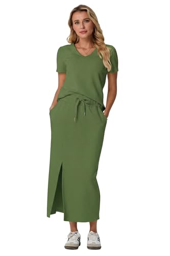 Image of GRECERELLE Women Summer Casual 2 Piece Sets V-Neck Wrinkle-Free Top & Elastic Waist Midi Side Slit Skirt with Pockets