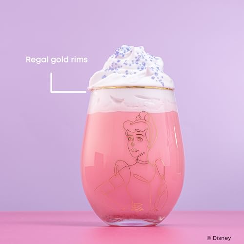 Image of JoyJolt Disney Princess Sketch Stemless Drinking Glasses, 19oz Glass Cups ft Princess Jasmine Ariel Belle Cinderella, Disney Princess Kitchen Glassware Set of 4, Disney Gifts for Adults
