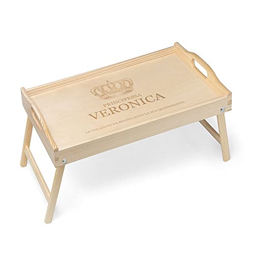 Maverton Vassoio da Colazione a Letto Personalizzato - Tavolino Pieghevole in Legno di Pino con Manici - Colore Naturale - Incisione Laser - Tavolo Multiuso 50x30cm - regalo donna - Principessa