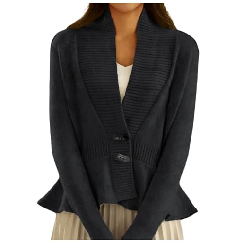 Cárdigan elegante para mujer, cárdigan con volantes, botones hacia abajo, chaqueta de entretiempo, chaqueta de punto, chaqueta cruzada, suéter para el tiempo libre, Negro , S