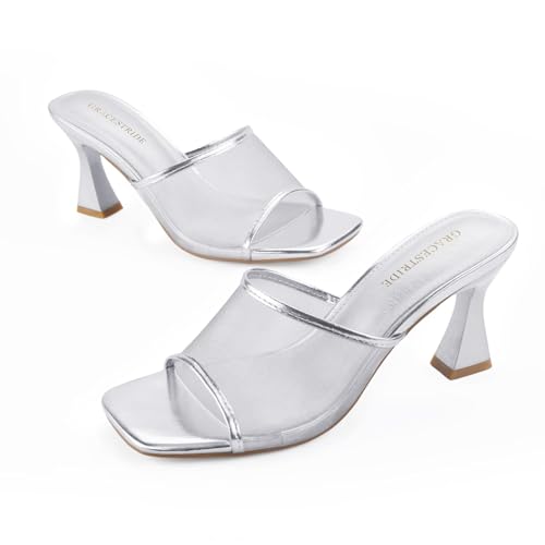 Image of Women's Mule Heels Chunky Kitten Heeled Sandals Mesh Slip On Square Toe Comfortable Casual Dress Pumps Shoes