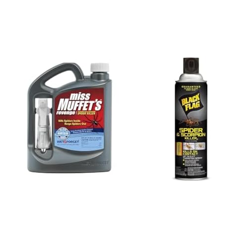 Wet & Forget 803064 Miss Muffet's Revenge Indoor and Outdoor Spider Killer with Attached Sprayer, 64 Fluid Ounces, Ready to Use & Black Flag Spider and Scorpion Killer, Aerosol, 16-oz Cover